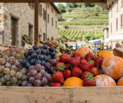 Wooden crate of fresh fruit—green and purple grapes, strawberries, and oranges at an outdoor market.