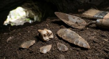 Archaeological dig in a cave: dirt, a fossil-like jaw bone and stone projectile points with a trowel and brush nearby.