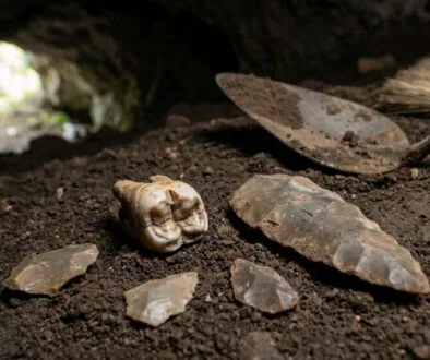Archaeological dig in a cave: dirt, a fossil-like jaw bone and stone projectile points with a trowel and brush nearby.