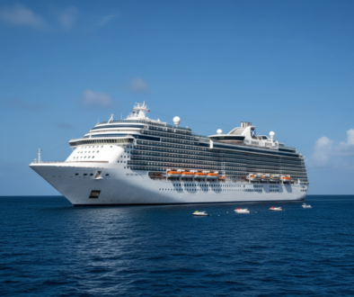 White cruise ship anchored on a calm blue sea under a clear sky, with orange lifeboats visible along its side.