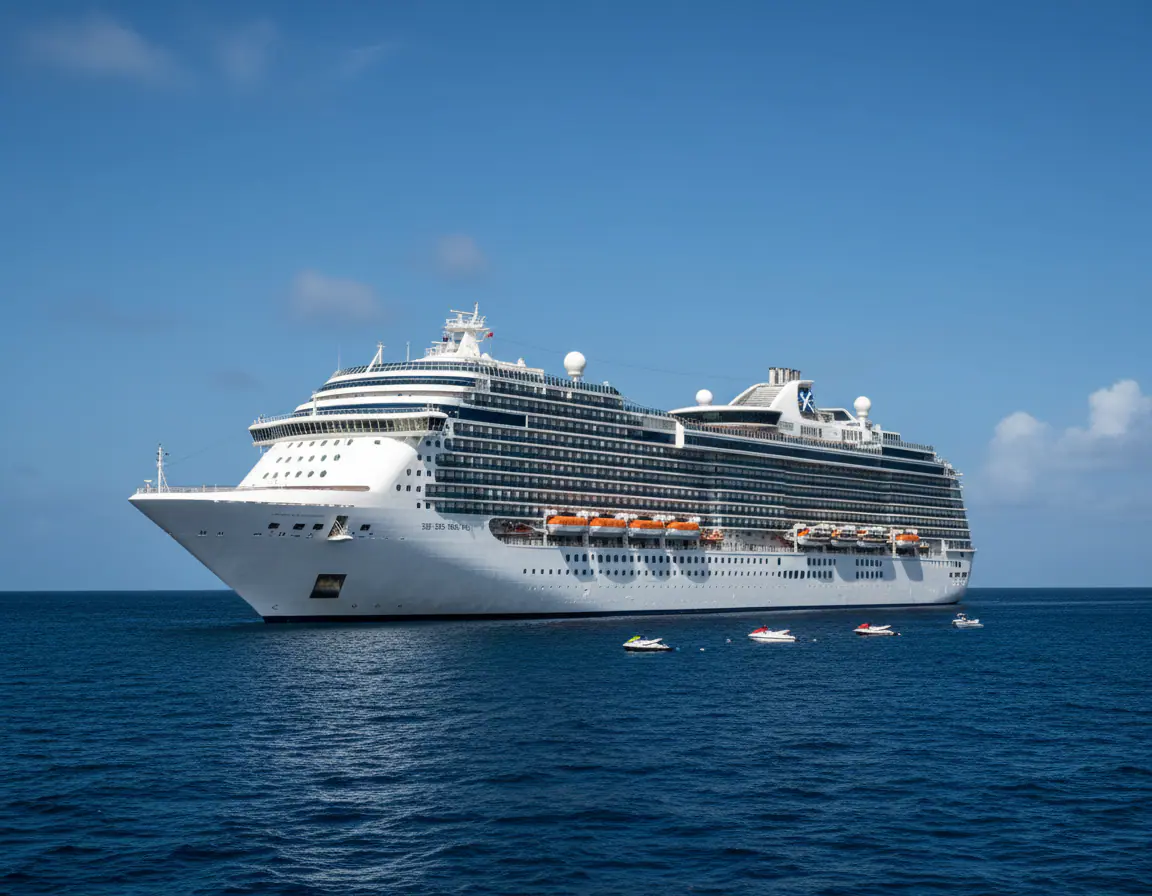 White cruise ship anchored on a calm blue sea under a clear sky, with orange lifeboats visible along its side.